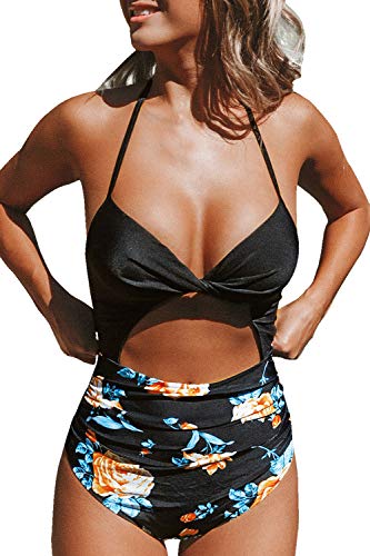 Product Cover CUPSHE Women's Black Floral Print Halter Cutout High Waist One Piece Swimsuit