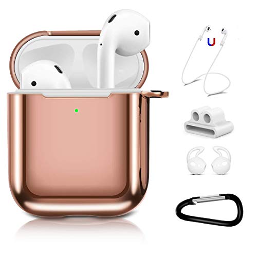 Product Cover AirPods Case Cover with Keychain,Aiiko Upgraded 5 in 1 Accessories Soft Plated TPU Case Shockproof Protective Case Compatible with Apple AirPods Charging Case 2 & 1 [Front LED Visible] - Rose Gold