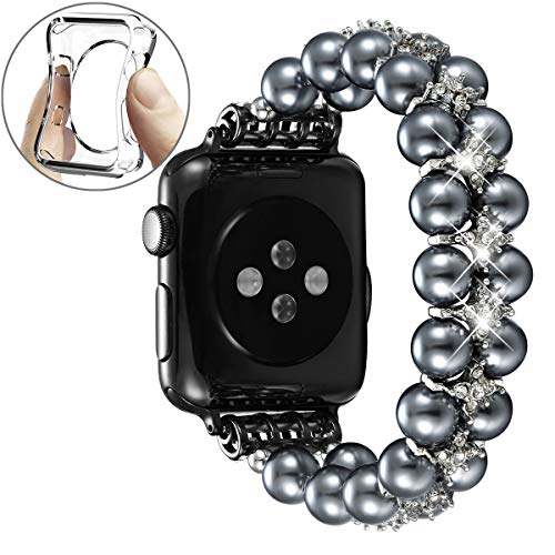 Product Cover fastgo Compatible with Apple Watch Band 38mm 40mm,Women Girls Fancy Handpicked Artificial Pearl Elastic Stretch Bracelet Jewelry Wristband Compatible for Iwatch Series 5/4/3/2/1(Space Gray, 38mm/40mm)