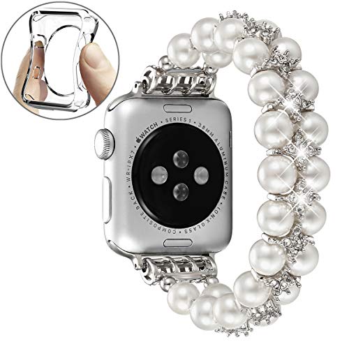 Product Cover fastgo Compatible with Apple Watch Band 38mm 40mm,Women Girls Fancy Handpicked Artificial Pearl Elastic Stretch Bracelet Jewelry Wristband Compatible for Iwatch Series 5/4/3/2/1(Pure White, 38mm/40mm)