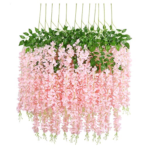 Product Cover U'Artlines 12 Pack 3.6 Feet/Piece Artificial Fake Wisteria Vine Ratta Hanging Garland Silk Flowers String Home Party Wedding Decor Extra Long and Thick (12, Light Pink)