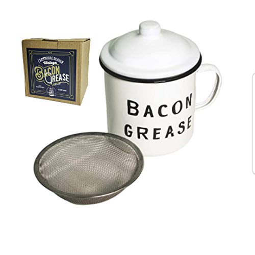 Product Cover Golden Hills Mercantile Bacon Grease Container with mesh strainer - rustic mid-century modern farmhouse design, white enamel on metal, 4 inch x 4 inch vintage enamelware with lid (Black)