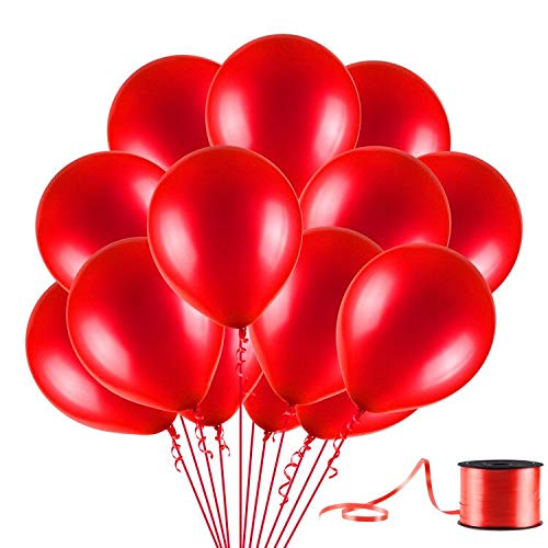 Product Cover U_star 100 Pack Red Balloons, 12inches Premium Helium Quality Red Balloons Red Shiny Latex Balloons for Party Supplies and Decorations(with Red Ribbon)