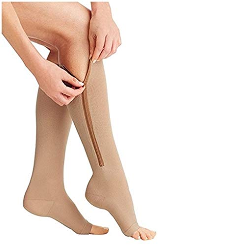Product Cover (2 Pairs) Compression Socks, New Compression Zip Sox Socks Stretchy Zipper Leg Support Unisex Open Toe Knee Stockings (Beige, XXL)