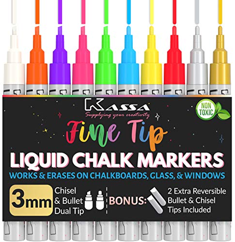 Product Cover Kassa Liquid Chalk Markers Fine Tip (10 Pack 3mm) - Chalkboard Markers Erasable - Gold & Silver Included - Wet Erase Markers for Glass Blackboard Windows - Chalk Pens Include Dual Chisel & Bullet Tip