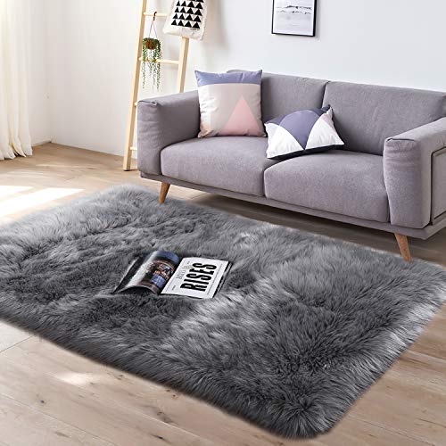 Product Cover YJ.GWL Super Soft Faux Fur Area Rug (3'x5') for Bedroom Sofa Living Room Fluffy Bedside Rugs Home Decor,Grey Rectangle