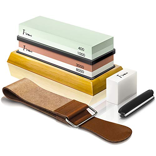 Product Cover Knife Sharpening Stone Kit, Finew Professional Whetstone Sharpener Stone Set, Premium 4 Side Grit 400/1000 3000/8000 Water Stone, Non-slip Bamboo Base, Flatting Stone, Angle Guide and Leather Strop