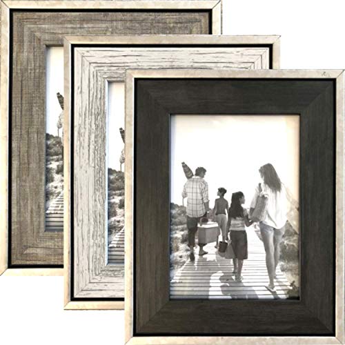 Product Cover 5x7 Rustic Frames (3-Pack) - Distressed Farmhouse Industrial Table Frame - Ready to Hang or Stand on Tabletop- Built-in Easel - Silver Galvanized Metal Look with Wood Insert