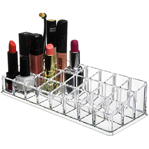 Product Cover Organizador Acrylic Lipstick Organizer with 24 Compartments Makeup Holder and Cosmetics Storage Display for Brushes, Bottles (Clear)