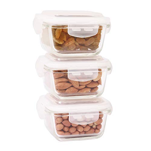Product Cover Femora Borosilicate Glass Microwave Safe Mini Square Container with Air Tight Air Vent Lid, 180Ml, Set of 3, Clear
