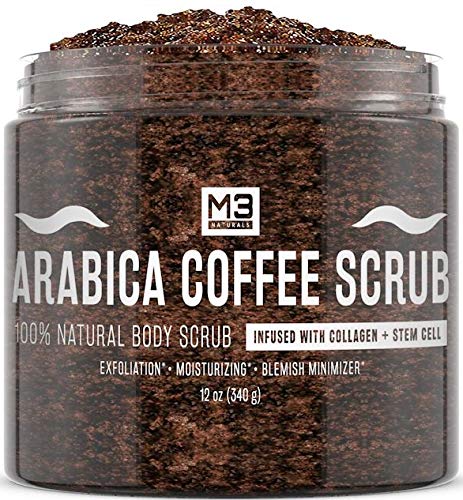 Product Cover M3 Naturals Arabica Coffee Scrub Infused with Collagen and Stem Cell All Natural Body and Face Scrub for Acne Cellulite Stretch Marks Spider Veins Scars Wrinkles Skin Care Exfoliator 12 oz