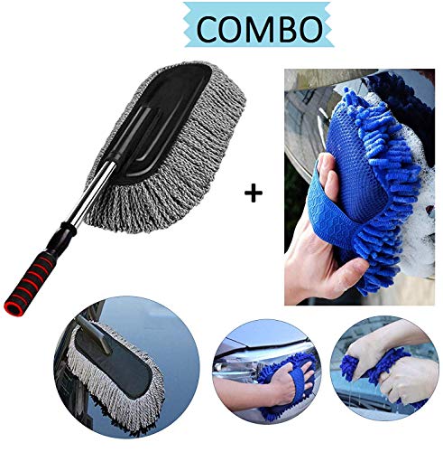 Product Cover Lukzer Car Accessories Combo (2 PC) - 1 PC Microfiber Car Cleaning Retractable Brush Duster + 1 PC Multipurpose Car Cleaning Sponge (Random color)
