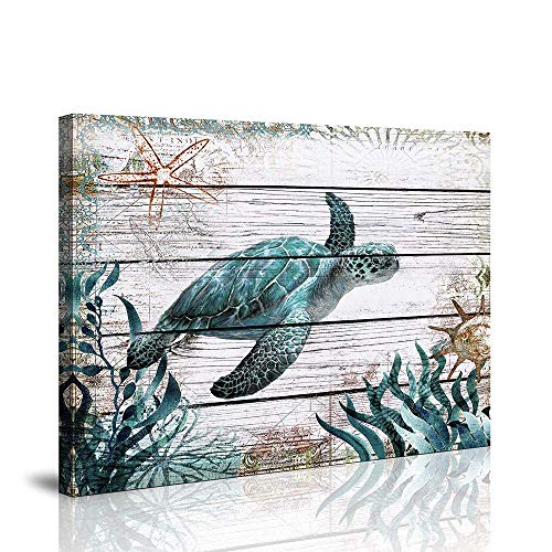 Product Cover Bathroom Wall Decor Ocean Sea Wall Art Green Turtle Pictures Artwork Painting Ocean Decor Canvas Prints Nautical Bathroom Art Pictures Canvas Wall Art Decor Canvas Framed Prints Bedroom Ready to Hang