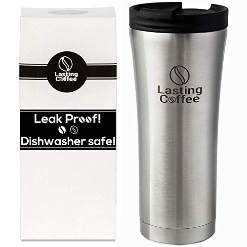 Product Cover Lasting Coffee Leak Proof Dishwasher Safe Double Wall Vacuum Insulated Stainless Steel Travel Mug, 16 oz (Silver)