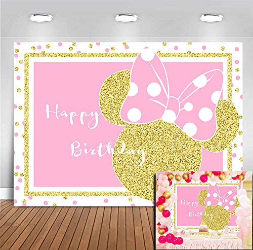 Product Cover MMY 7x5ft Cartoon Pink Mouse Backdrop Kids Happy Birthday Photography Background Gold Princess Girls Decoration Background Photo Studio Celebration Party Banner Prop Photoshoot Photo Booth Vinyl