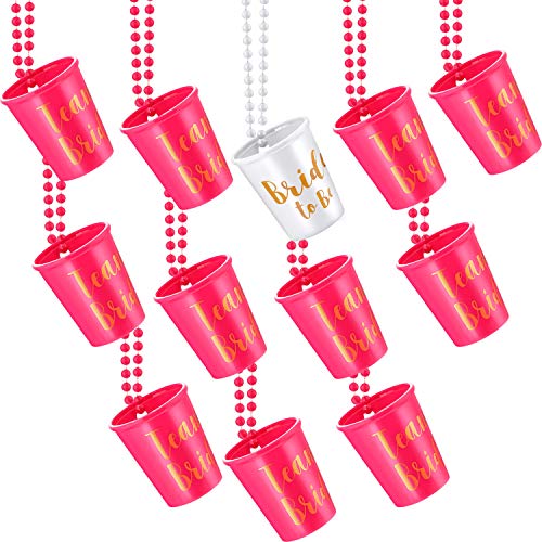 Product Cover 12 Pieces Team Bride and Bride To Be Plastic Beaded Bridal Shot Glass Necklace Pink and White with Gold Foil for Bachelorette Party Bridal Party Necklaces