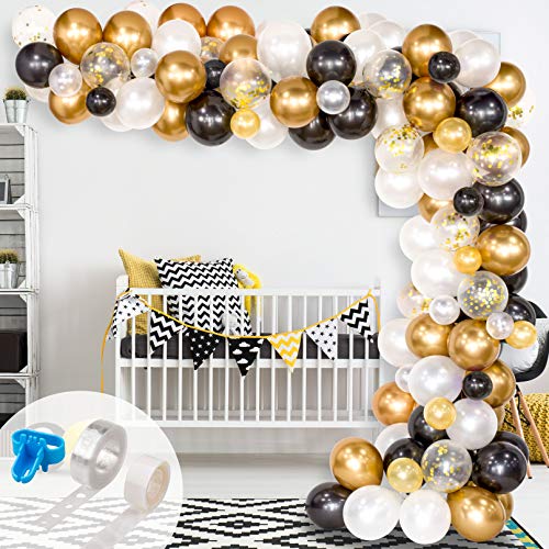Product Cover Whaline Balloon Arch & Garland Kit, 120Pcs Black, White, Gold Confetti and Metal Latex Balloons with 1pcs Tying Tool, Balloon Strip Tape and Glue Dots for New Year Wedding Birthday Graduation Decor