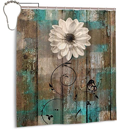 Product Cover Amonee-YL Rustic Floral Butterfly White Flower Teal Brown Vintage Polyester Fabric Shower Curtain Sets with 12 Hooks,Modern Bathroom Home Decor