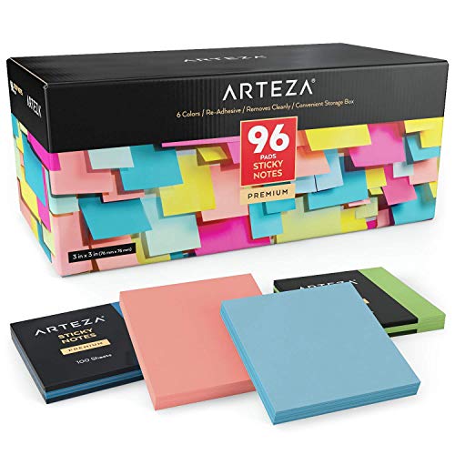 Product Cover ARTEZA 3x3 Inches Sticky Notes, 96 Pads, 100 Sheets Per Pad, Bulk Pack, Assorted Colors, Re-Adhesive, Clean Removal, for Reminders, Studying, Office, School, and Home