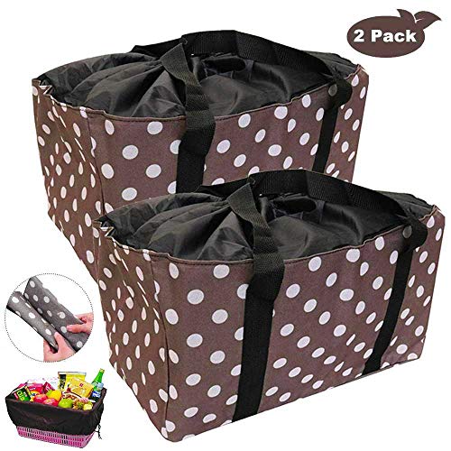 Product Cover XCKJXYH Reusable Grocery Bags, Extra Large Oxford Cloth Shopping Totes, Drawstring Tote for No Dropping, Set of 2 Collapsible Reinforced Bottom, Stands Upright Shopping Bags Washable (Brown Dot)