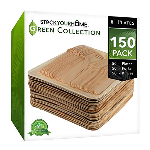 Product Cover Eco Dinnerware Bamboo Like Palm Leaf Plates and Cutlery (150 Pieces) 50 Palm Leaf Plates, 50 Wooden Forks and 50 Wooden Knives - Compostable Plates and Cutlery