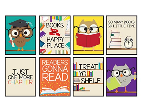 Product Cover Books are My Happy Place Set of Wall Decor Art Prints 8x10 Size (Set of 8) Reading Owl