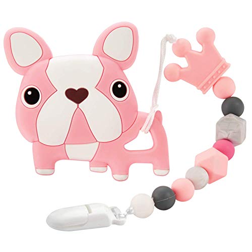 Product Cover Nearbyme Baby Teething Toys, BPA Free Silicone Dog Shape Teether with Relief Beads Binky Holder and Pacifier Clips for Toddlers & Infant