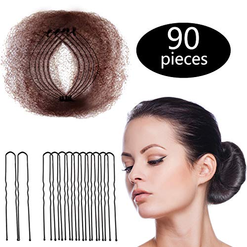Product Cover Hair Nets Invisible Elastic Edge Mesh and U Shaped Pins Set, 50 Pieces 50cm Individual Package Invisible Hair Nets, 40 Pieces U Shaped Pins for Women Bun (Brown)