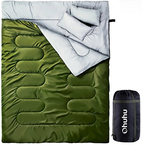 Product Cover Ohuhu Double Sleeping Bag, 2 Person Sleeping Bags with 2 Pillows for Adults, Teens, Cold Cool Weather Camping, Backpacking, Hiking Accessories in Tent, Can and Truck, Large Queen Size, Green