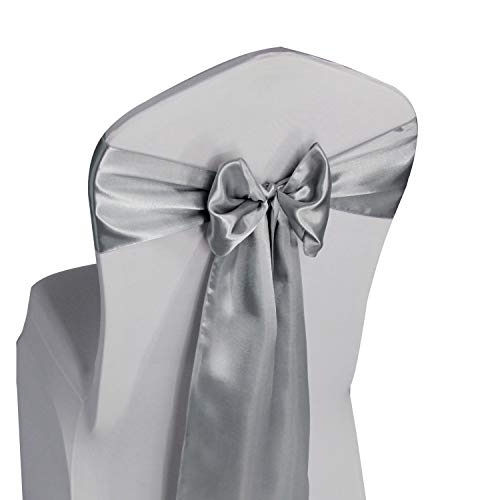 Product Cover Silver Satin Chair Sashes Ties - 100 pcs Banquet Party Event Decoration Chair Bows (Silver, 100)