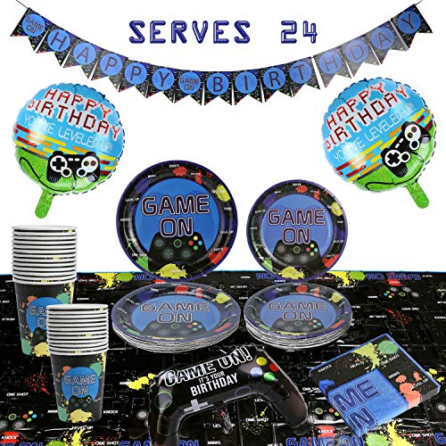 Product Cover 101 Piece Video Game Party Supplies Set Including Banner, Plates, Cups, Napkins, Tablecloth, Joy Stick Controller Balloon, Round Controller Balloons - Serves 24