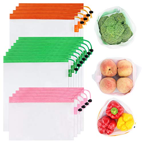 Product Cover GOGOODA Upgraded Version 15 Pcs Reusable Produce Bags, 3 Size Lightweight Washable and See Through Mesh Produce Bags with Drawstring, Toggle Tare Weight Color Tag, Color Band for Easy to Pick