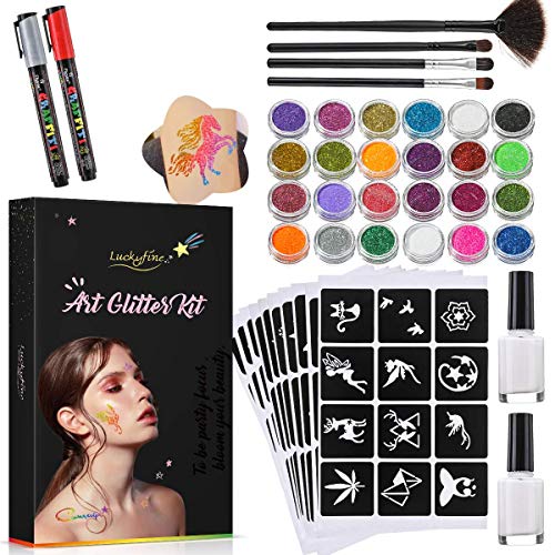 Product Cover Glitter Tattoo Set, Luckyfine New Glitter Tattoo Kit (24 Large Glitter Colors, 112 Cool Tattoo Stencils, 2 Glittered Glue, 4 Brushes, 2 Maker Pens) Body Glitter for Kids, Teenagers or Adults