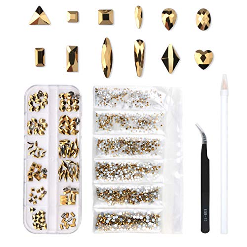 Product Cover 120 Pcs Multi Shapes Glass Crystal AB Rhinestones For Nail Art Craft, Mix 12 Style FlatBack Crystals 3D Decorations Flat Back Stones Gems Set (Gold,120 pcs Crystals+1728 pcs rhinestones)