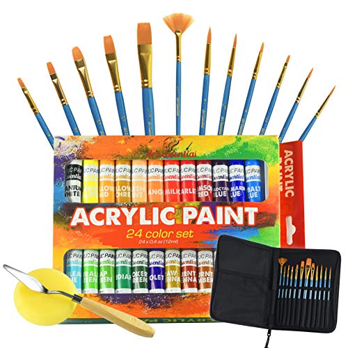 Product Cover Upgraded Acrylic Paint Set - High-End Arts & Crafts Painting Supplies for Kids and Adults - 24 Stunning Pigments, 12 Professional Paint Brushes & Carrying Case + Extra Bonus: Palette Knife with Sponge