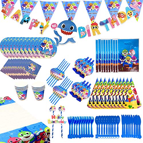 Product Cover Shark Party Supplies Set - 109 Pcs Shark Themed Birthday Decorations Includes Disposable Tableware Kit Blowing Dragon Paper Hat Gift Bag and Banner - Serves 10 Guest