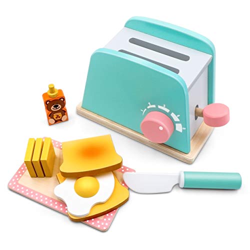 Product Cover Toy Kitchen Wooden Pop-Up Toaster Play Set 10 Pcs, Interactive Early Learning Toaster, Exclusive Chopping Board, Knife, Poached Egg Honey Bear and Sliceable Butter, Fun and Colorful for Girls and Boys