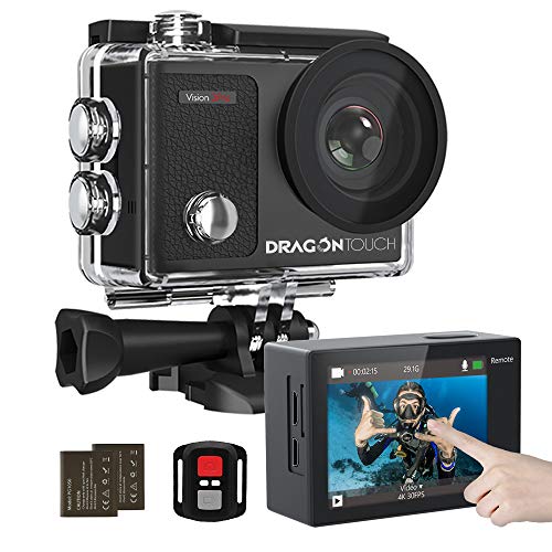 Product Cover Dragon Touch 4K Action Camera Touch Screen 16MP Vision 3 Pro 100 feet Waterproof Camera Adjustable View Angle WiFi Sports Camera with Remote Control and Helmet Accessories Kit