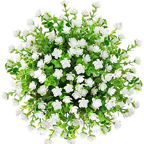 Product Cover CQURE Artificial Flowers, Fake Flowers Artificial Greenery UV Resistant Outdoor Plants Eucalyptus Faux Plastic Shrubs Outside for Home Garden Porch Party Wedding Decoration 5 Bunches (White)