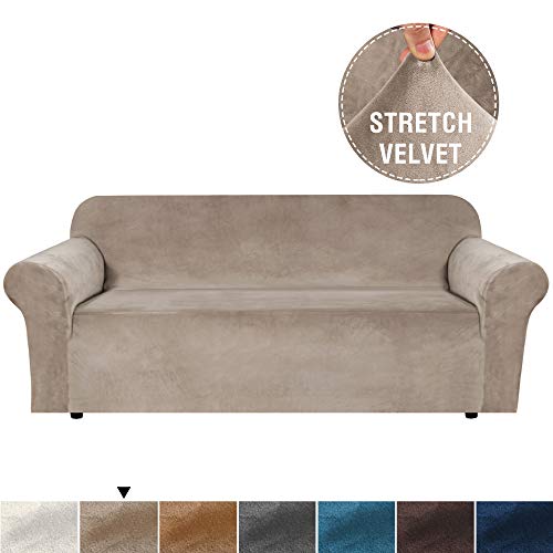 Product Cover H.VERSAILTEX Real Velvet Plush Sofa Cover Couch Covers for 3 Cushion Couch Soft Rich Velvet Couch Covers for Sofa/Couch Cover/Sofa Covers for Living Room, Fit The Sofa Width Up to 96 Inches, Taupe