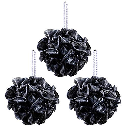 Product Cover Loofah,Bath Sponge,Extra Large 75g Body Scrubber,Charcoal Fiber Shower Puff for Deeply Exfoliating,Cleanse,Soothe Skin,Black Mesh Puff Perfect for Men and Women(Set of 3)