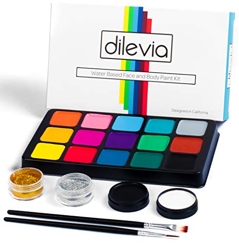 Product Cover Face Paint Kit for Kids by Dilevia - Professional Cosmetic Grade Palette, 15 Vibrant Colors, 60 Reusable Stencils, 2 Glitters, 4 Sponges, 2 Brushes, Hypoallergenic, Fragrance-Free, Non-Toxic
