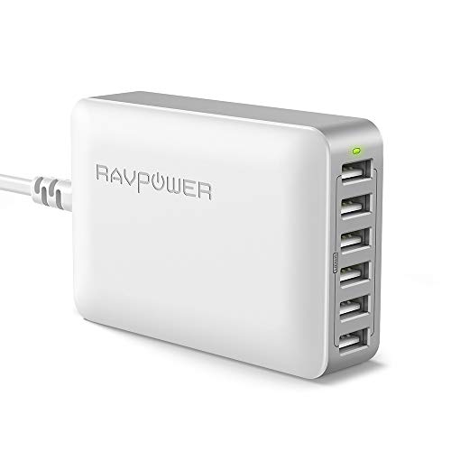 Product Cover USB Charger RAVPower 60W 12A 6-Port Desktop USB Charging Station with iSmart Multiple Port, Compatible iPhone 11 Pro Max XS XR X 8 7 Plus, Ipad Pro Air Mini, Galaxy S9 S8 S7 Edge, Tablet (Grey White)
