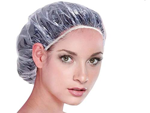 Product Cover Floranea 15 Pcs Shower Caps Disposable Clear Waterproof Plastic Elastic Thick Hair Bathing Caps for Women Kids Girls Travel Spa Hotel Hair Solon Home Use Cleaning