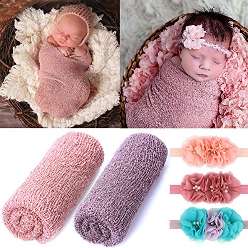 Product Cover 2 Pieces Newborn Baby Photography Props Long Ripple Stretch Wrap DIY Girl Boy Photo Props Blanket with Headbands (Antique Pink + Dark Purple)