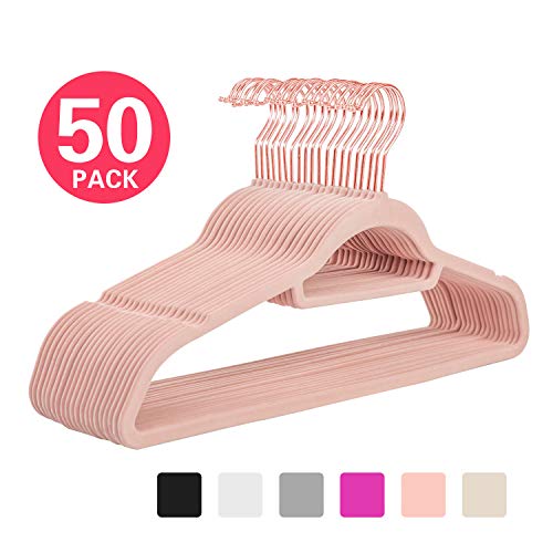 Product Cover MIZGI Premium Velvet Hangers - Pack of 50 - Blush Pink/Rose - Copper/Rose Gold Hooks - Non-Slip Suit Hangers, with Bonus Accessory Bar- for Suits, Pants, Dresses (Blush Pink/Rose)