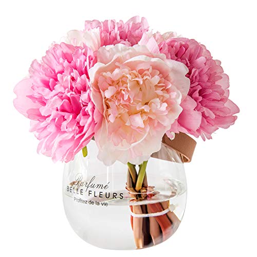 Product Cover Fresh home ,Artificial Flowers with Vase, Fake Silk Peony Flowers in Glass Vase, for Home Wedding Office Decoration, Mistyrose and Pink, Medium (Wide Vase)