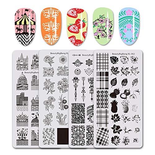 Product Cover BEAUTYBIGBANG 4PCS Stamping Plates Set Building Lattice Leaves Flowers Nail Art Stamp Template Image Plates Manicure Tools