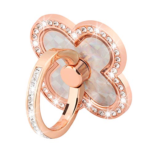 Product Cover Finger Ring Stand with Blingy Diamond Rhinestone, Nsiucion Four Clover Leaf Phone Ring Kickstand Holder [Washable] [Removable], 360°Rotation Zinc Alloy Ring Grip Stand for All Phones (Rose Gold)