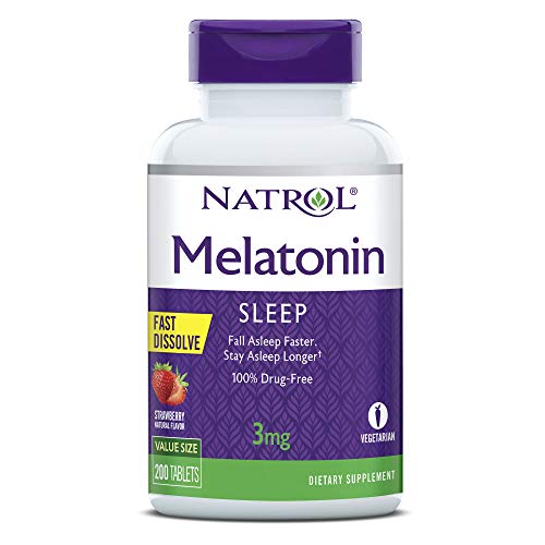 Product Cover Natrol Melatonin Fast Dissolve Tablets, Helps You Fall Asleep Faster, Stay Asleep Longer, Easy to Take, Dissolves in Mouth, Faster Absorption, Maximum Strength, Strawberry Flavor, 3mg, 200 Count